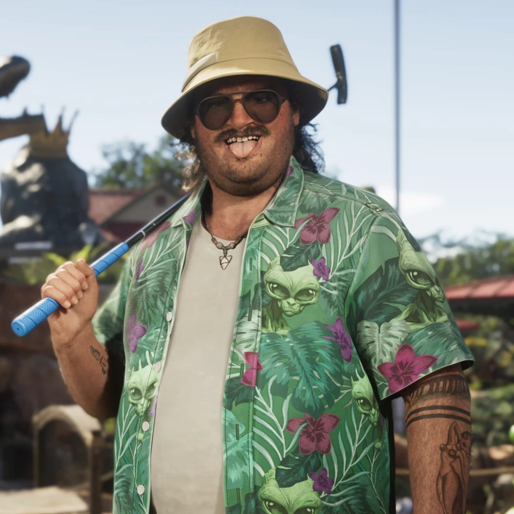 Cal Hampton con camisa hawaiana y palo de minigolf en Grand Theft Auto VI
