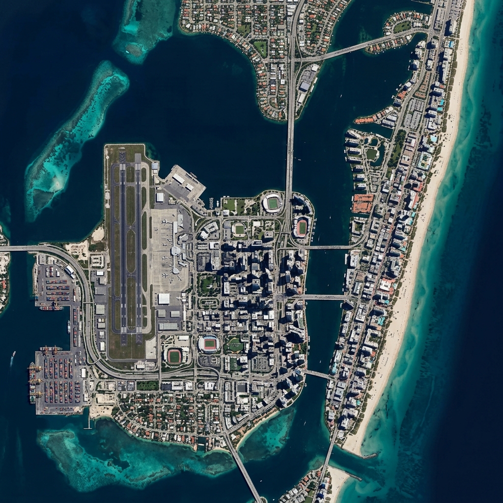 Vista aérea satelital de las pistas de despegue y hangares del Aeropuerto de Vice City